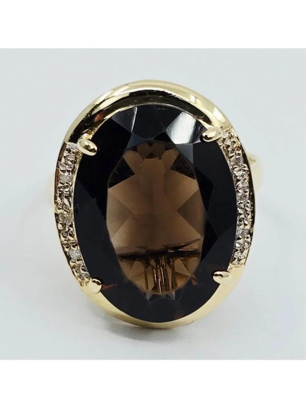 Elegant Large 14K Yellow Gold Designer Smoky Quartz & Diamond Ring - Size 10